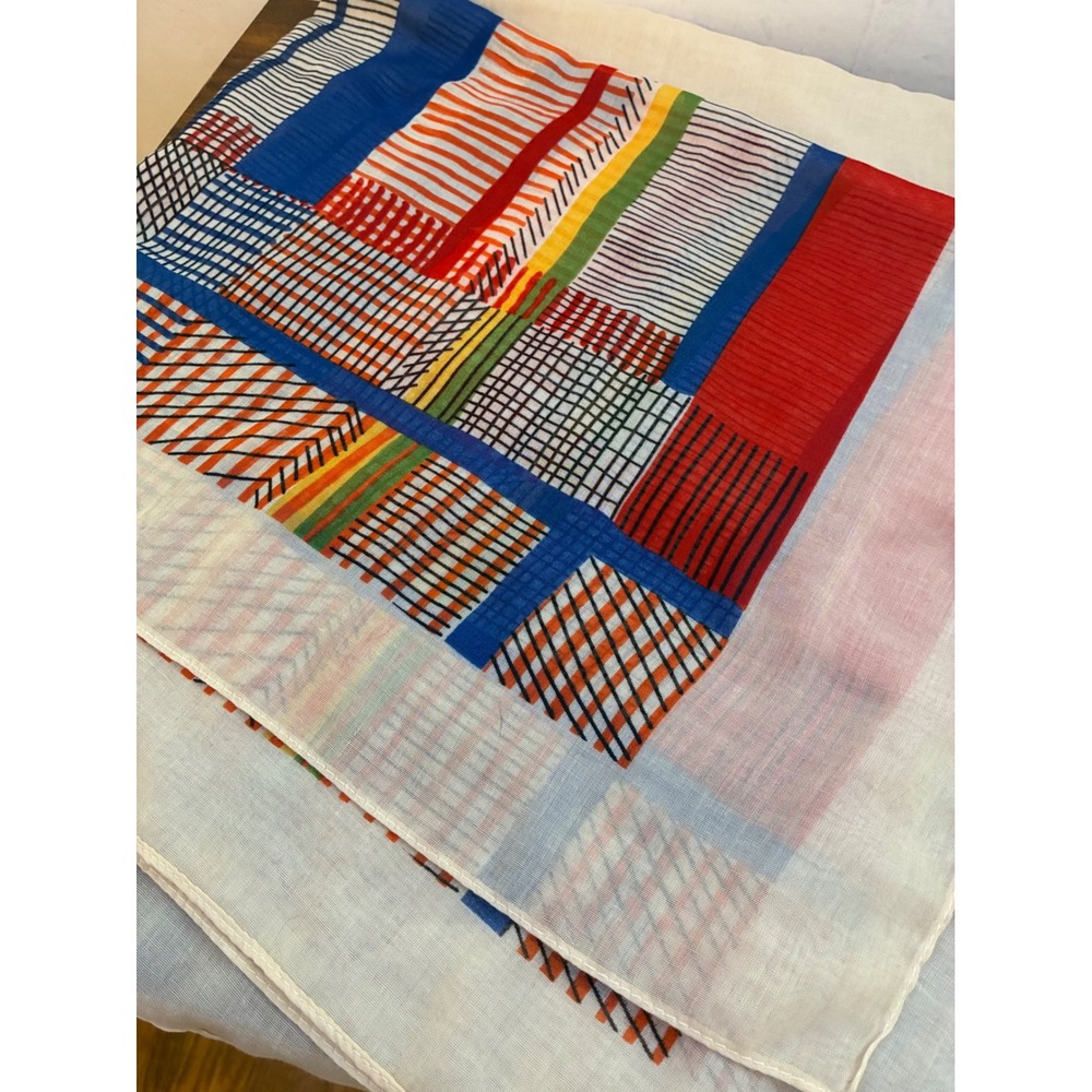 Multicolor Geometric Patchwork Scarf with Tassel Trim Striped Lightweight Wrap